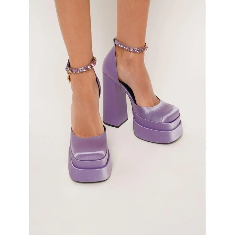 VERSACE Aevitas Purple Crystal-Embellished Platform Block Heel Pumps Siz…
